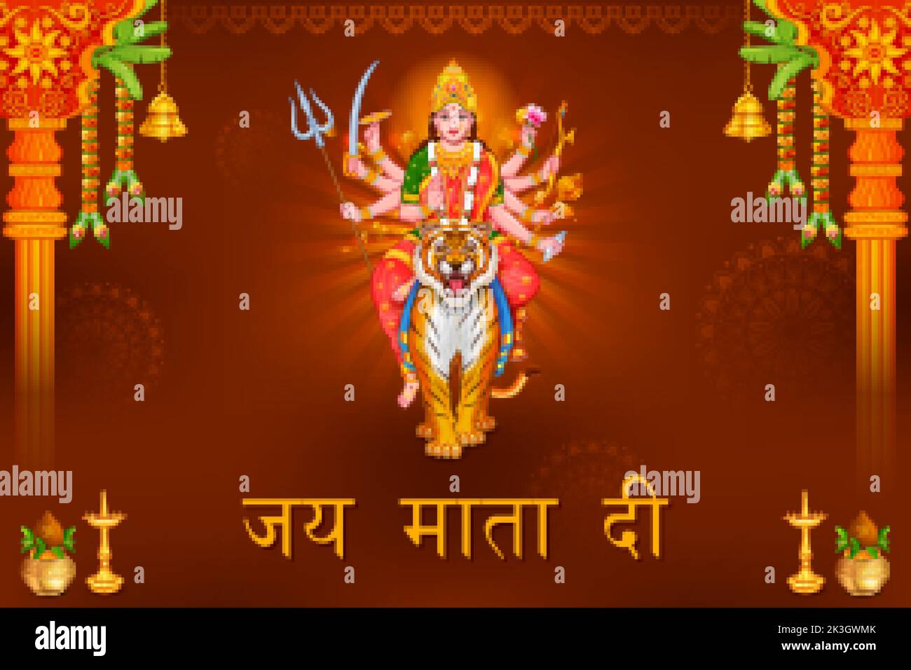 Sherawali Maa in Happy Durga Puja Subh Navratri Indian religious festival background with Hindi text Jai Mata Di means Hail Goddess Stock Vector