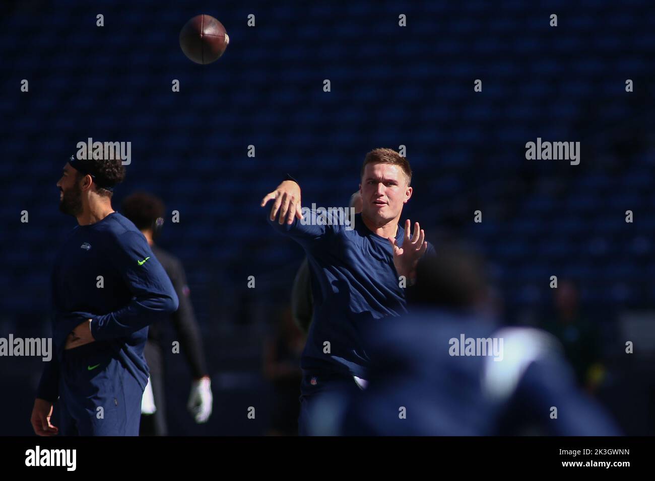 Seattle Seahawks quarterback Drew Lock (2) looks on before an NFL  pre-season football game against the Minnesota Vikings, Thursday, Aug. 10,  2023 in Seattle. (AP Photo/Ben VanHouten Stock Photo - Alamy