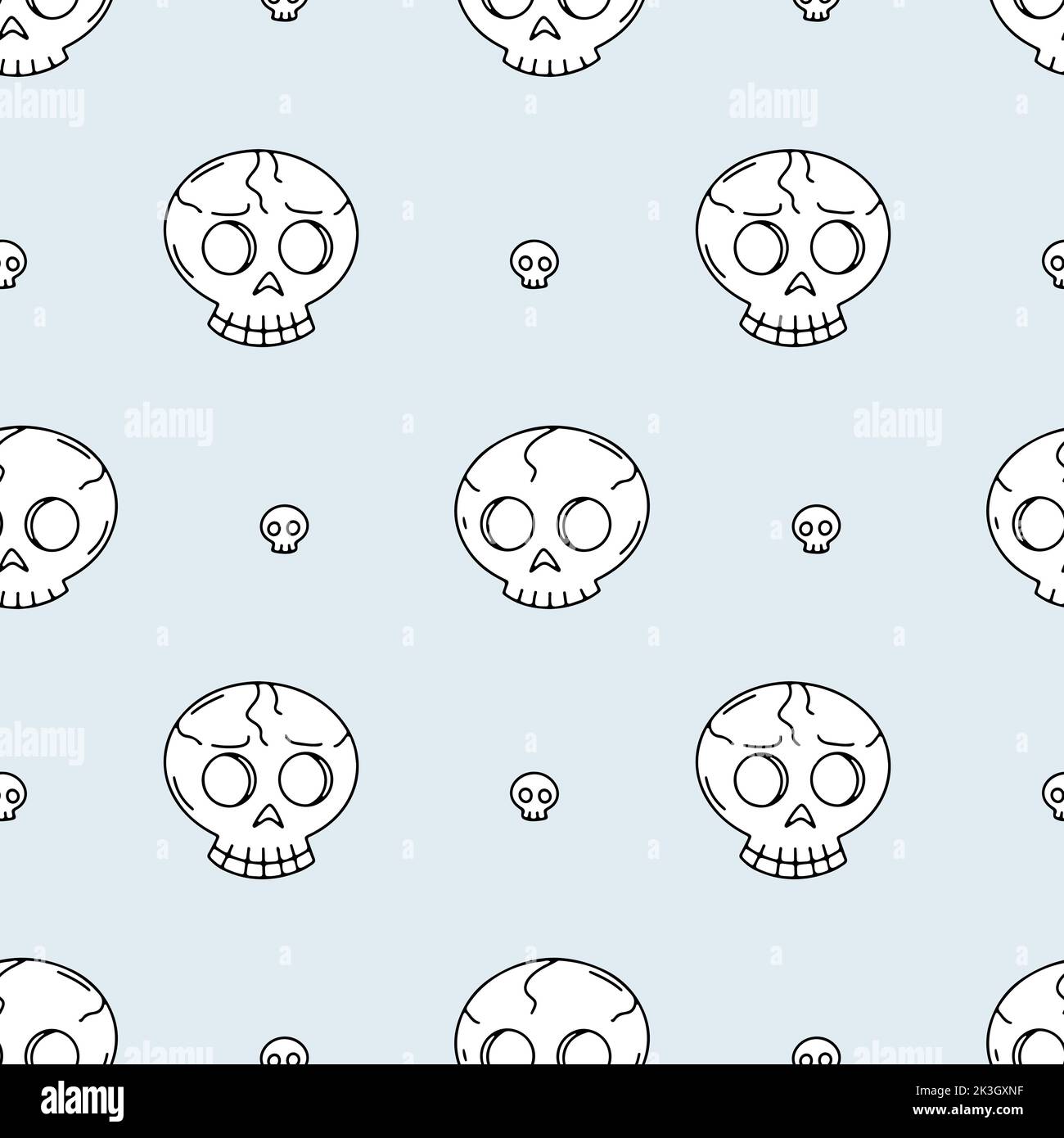 Seamless pattern with line art skulls on a pastel blue background Stock Vector