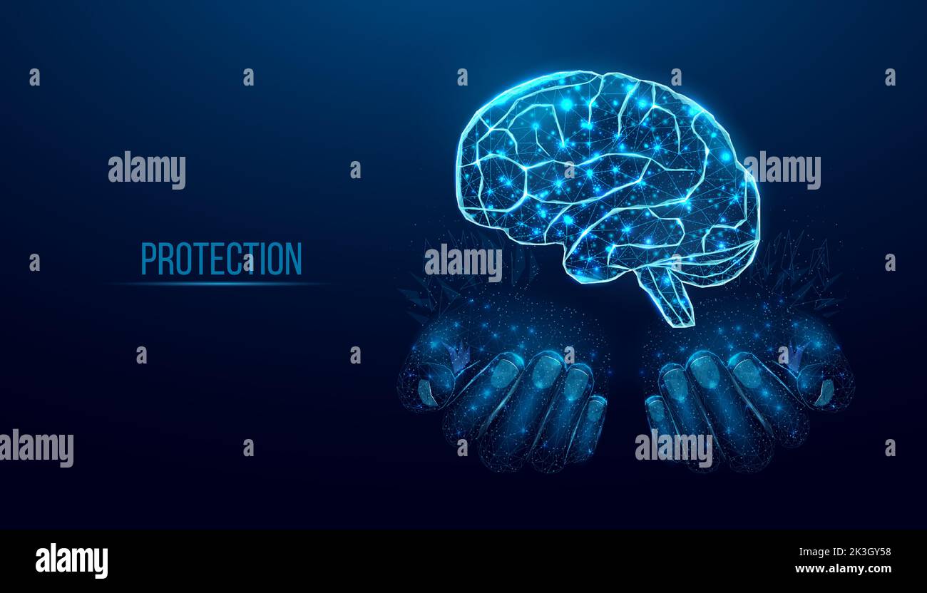 Two human hands are holds human brain. Support healthy brain concept. Wireframe glowing low poly design on dark blue background. Abstract futuristic Stock Vector