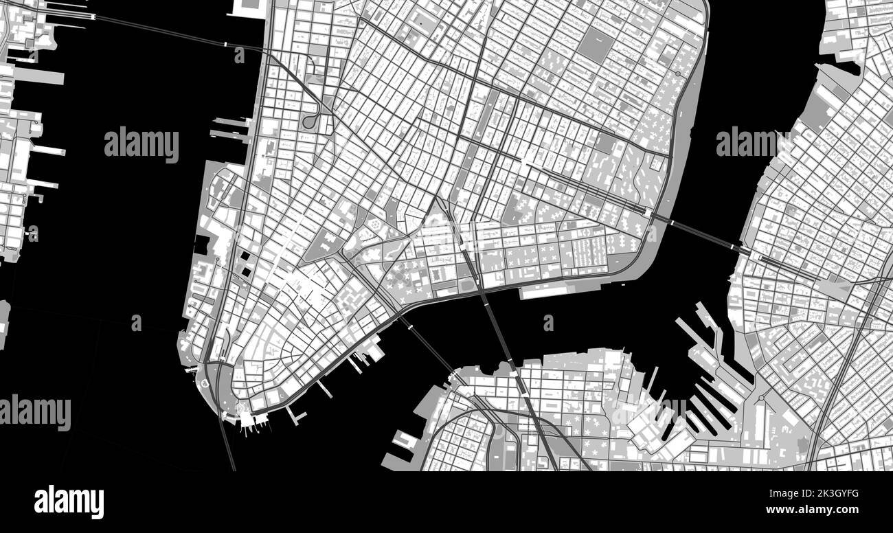 Black and grey New York City center area vector background map, roads and water cartography illustration. Widescreen proportion, digital flat design r Stock Vector