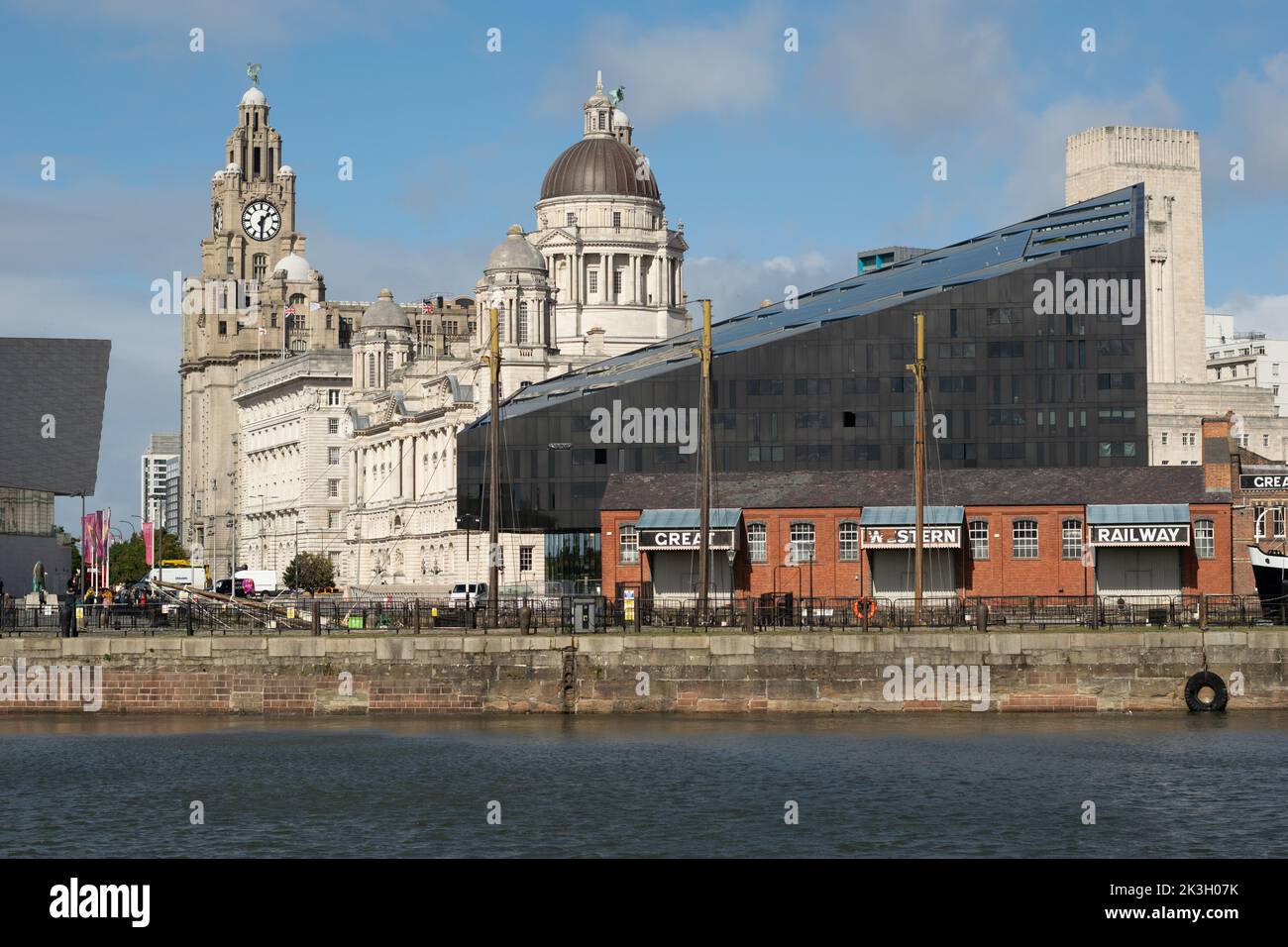 Liverpool skyline across water with Liver Building, Cunard Building, Port of Liverpool Building, Great Western Railway and RIBA North. Three Graces. Stock Photo