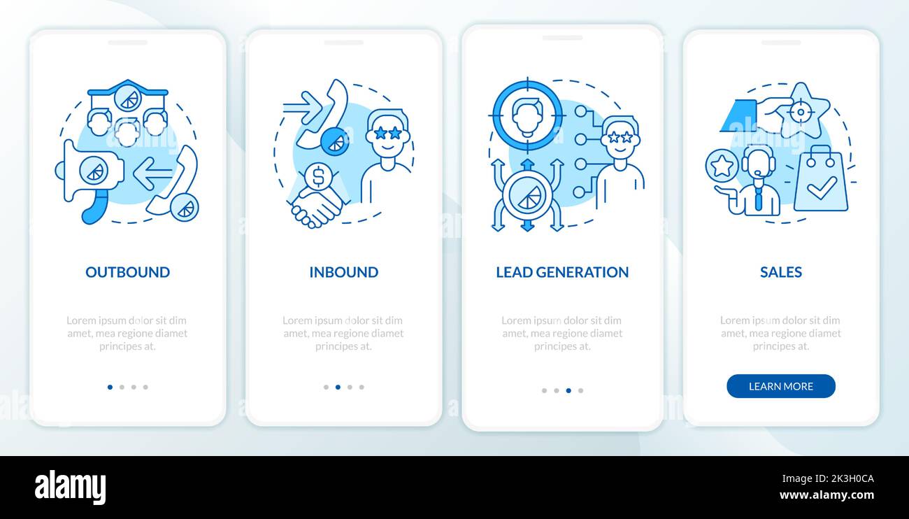 Types of telemarketing activities blue onboarding mobile app screen ...