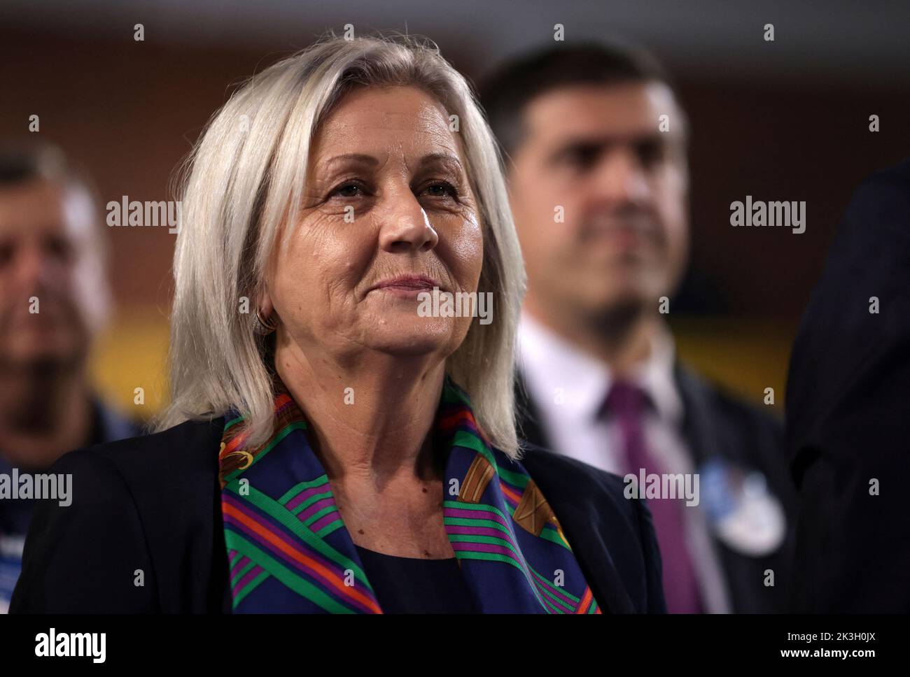 Borjana Kristo of the Croatian Demotracit Union and Croat candidate of the Tri-partite Bosnian Presidency attends a pre-election rally in Zepce, Bosnia and Herzegovina, September 26, 2022. REUTERS/Dado Ruvic Stock Photo