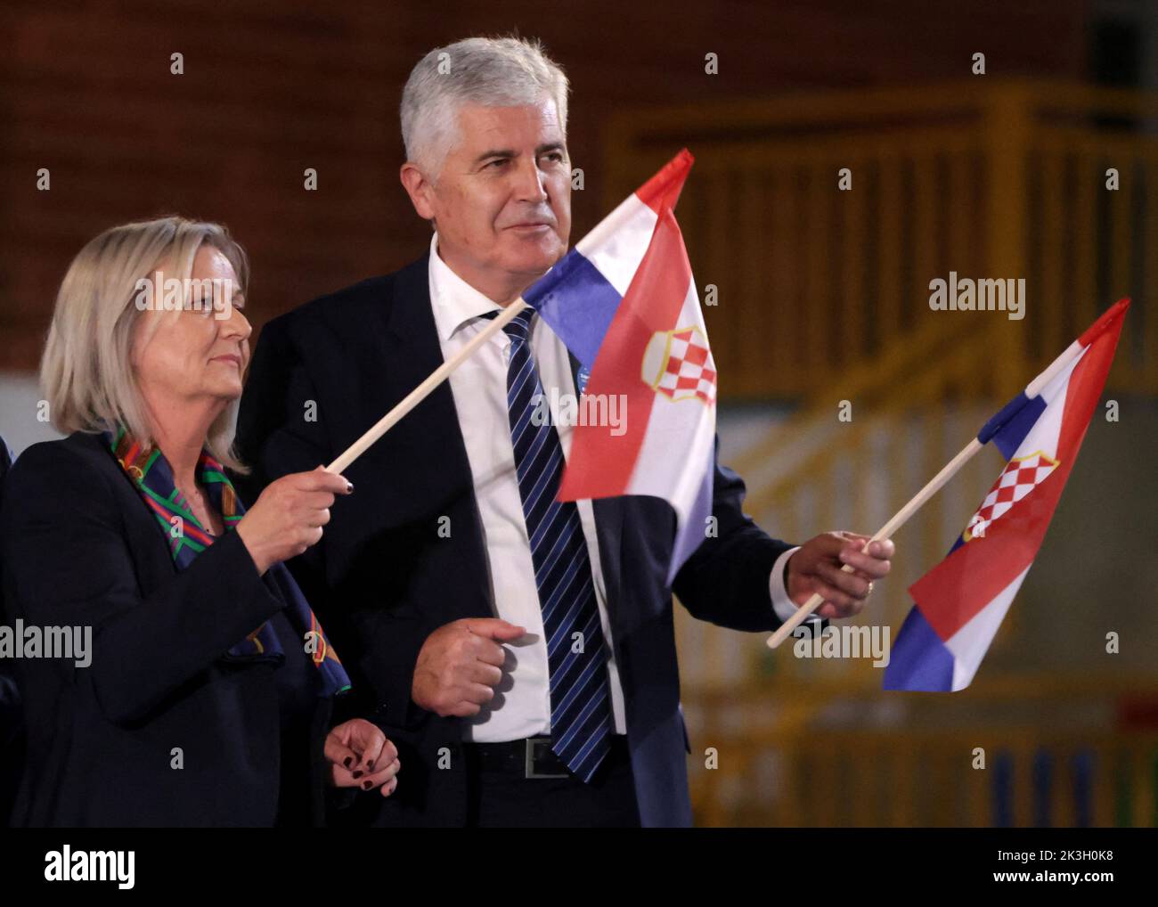 Borjana Kristo of the Croatian Demotracit Union and Croat candidate of the Tri-partite Bosnian Presidency and Dragan Covic, President of Croatian Democratic Union attend a pre-election rally in Zepce, Bosnia and Herzegovina, September 26, 2022. REUTERS/Dado Ruvic Stock Photo