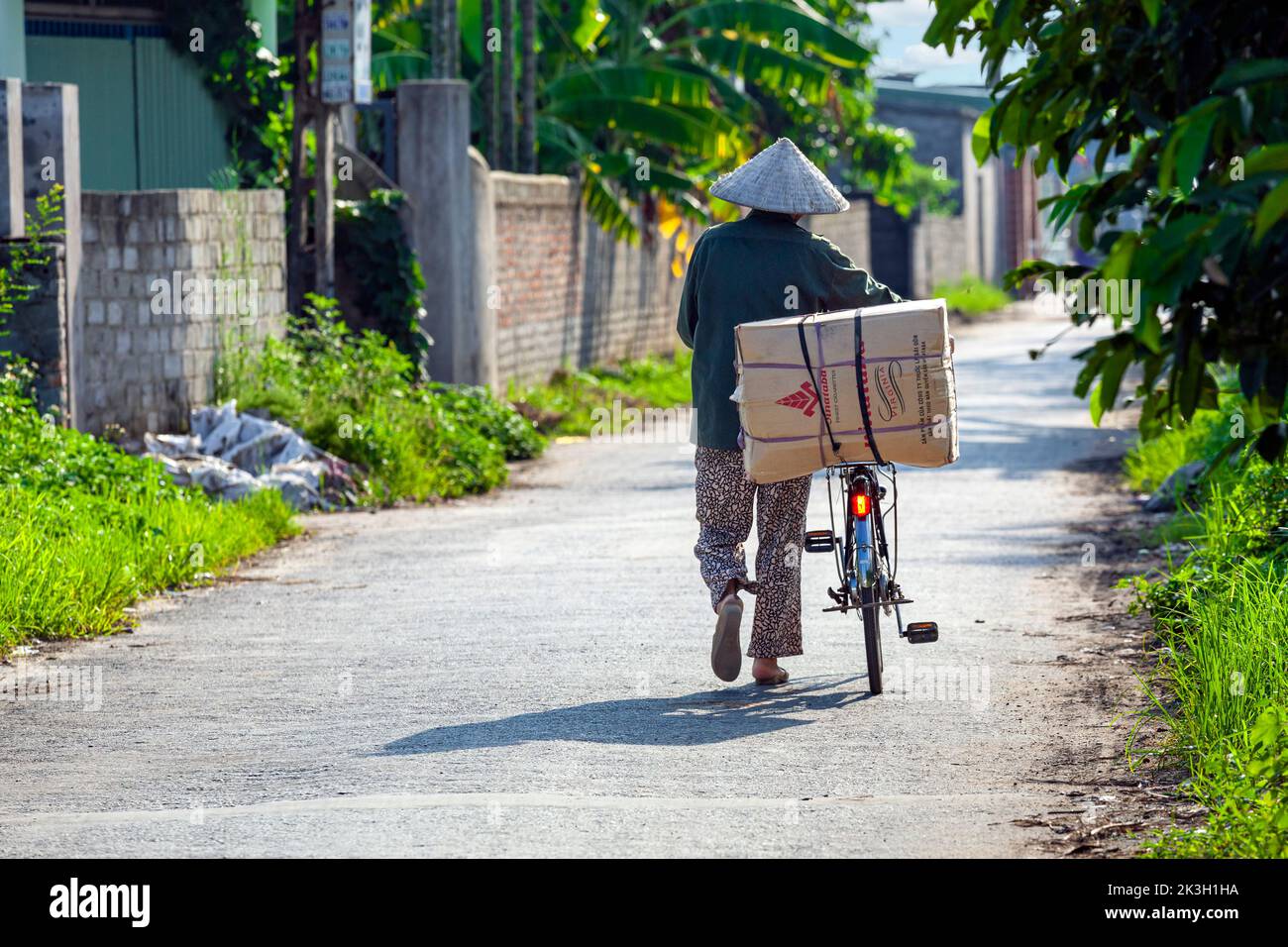 Vietnamese man with bamboo hat pushing bicycle through rural Hoang Mai Mountain village, Hai Phong, Vietnam Stock Photo