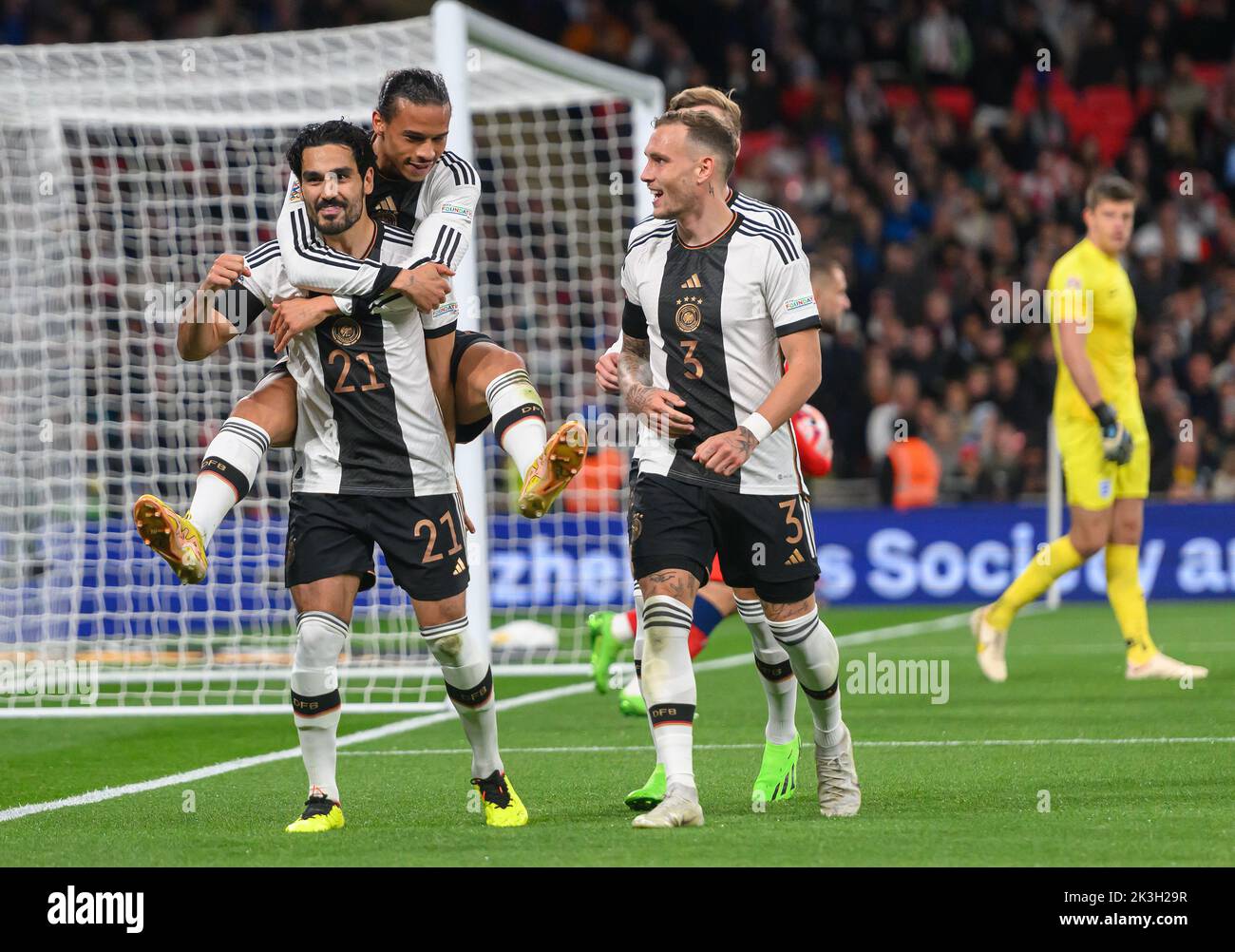 London, UK. 26 Sep 2022 - England v Germany - UEFA Nations League - League A - Group 3 - Wembley Stadium  Germany's Ilkay Gundogan celebrates scoring a penalty with David Raum and Leroy Sané during the UEFA Nations League match against England. Picture : Mark Pain / Alamy Live News Stock Photo