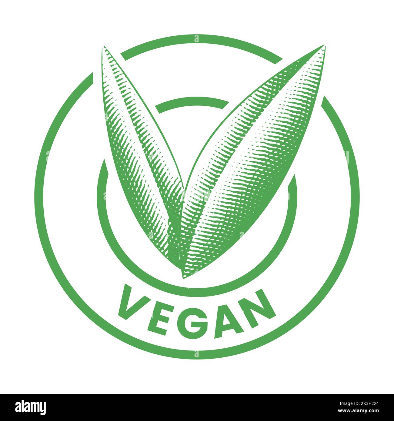 Vegan Round Icon with Engraved Green Leaves isolated on a White ...