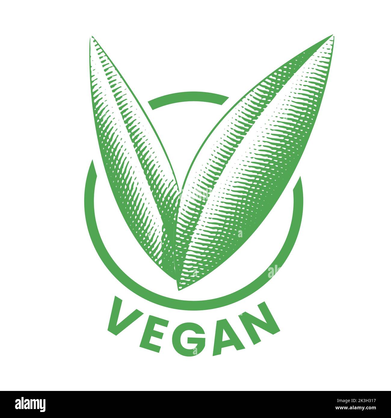 Vegan Round Icon with Engraved Green Leaves isolated on a White ...