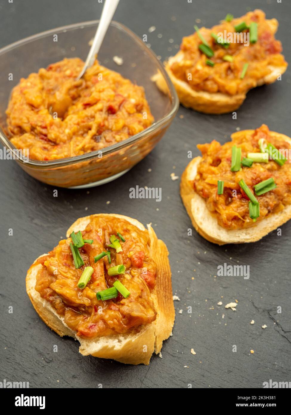 zacusca, romanian vegetable spread, with roasted eggplant, onions tomato paste and roasted red peppers Stock Photo
