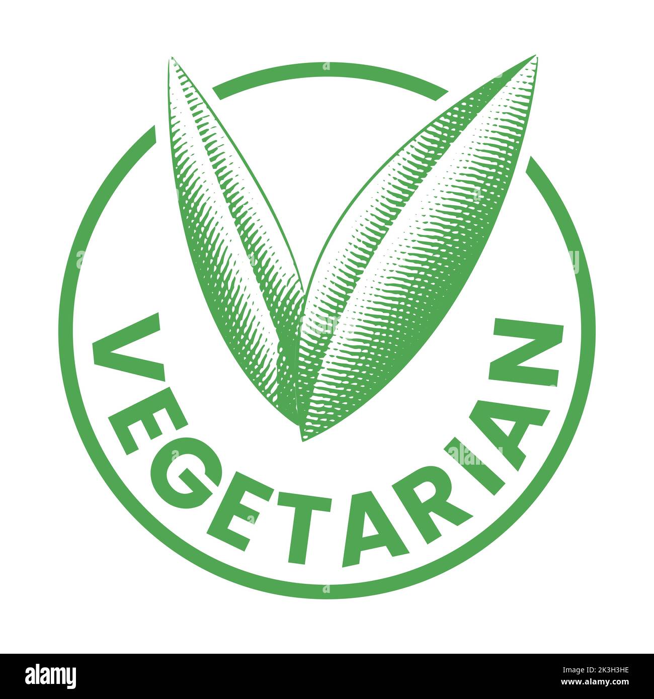 Vegetarian Round Icon with Engraved Green Leaves isolated on a White ...