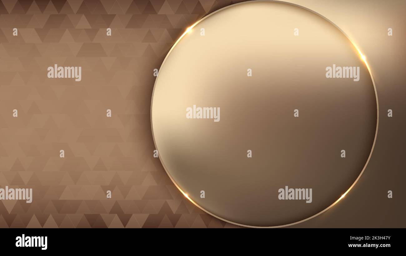 Banner web template luxury style golden circle frame with lighting effect on brown triangles pattern background. Vector illustration Stock Vector