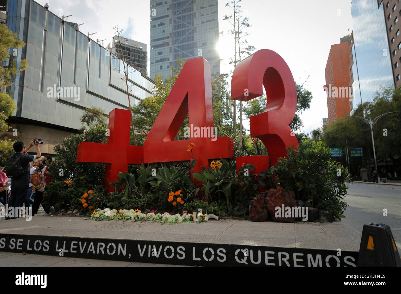 Mexico, Mexico. 26th Sep, 2022. View of a memorial for the 43 students in Paseo de la Reforma during a demonstration to commemorate the 8th anniversary of the disappearance of the 43 Ayotzinapa students. On the night of September 26, 2014, 43 students from the Raœl Isidro Burgos Rural Normal School located in Iguala, Guerrero, were victims of forced disappearance by members of public security from the state of Guerrero and federal military security.The students had allegedly tried to hijack trucks to use for their protests. Credit: SOPA Images Limited/Alamy Live News Stock Photo