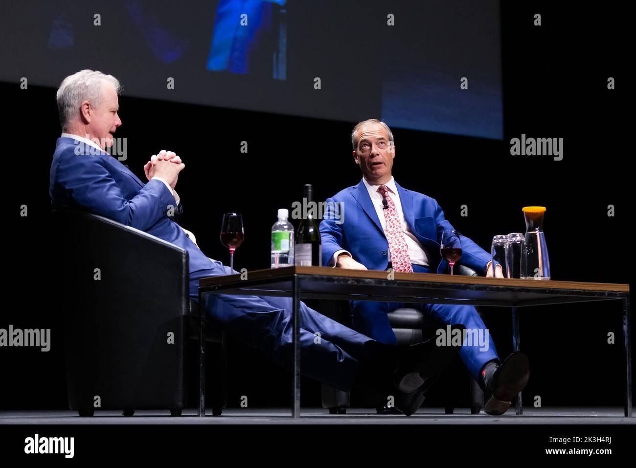 Melbourne, Australia, 26 September, 2022. Nigel Farage and Ross Cameron discuss politics in front of a sold out audience during An Evening With Nigel Farage at The Melbourne Convention and Exhibition Centre on September 26, 2022 in Melbourne, Australia. Credit: Dave Hewison/Speed Media/Alamy Live News Stock Photo