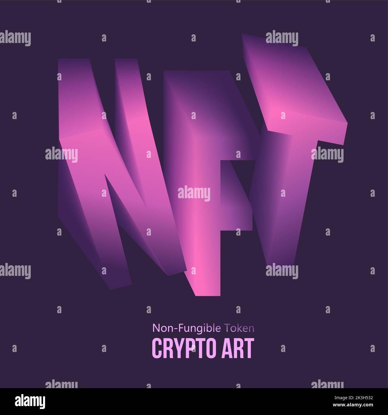 Purple abbreviation NFT text of a 3D illustration nonfungible token