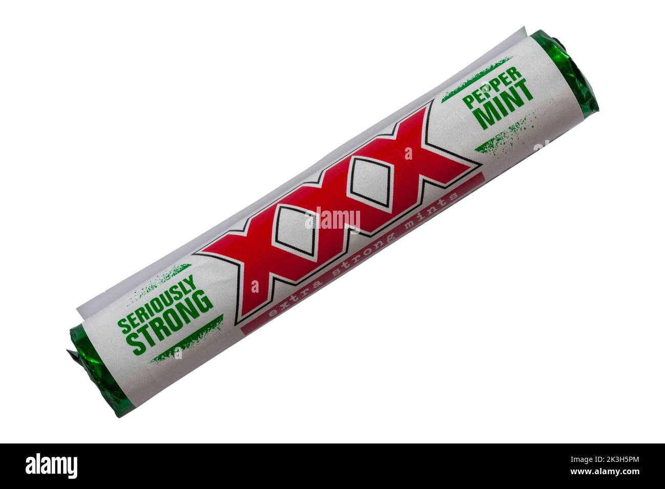 Tube of XXX seriously strong peppermint Extra Strong Mints isolated on white background Stock Photo
