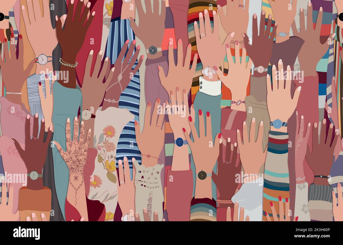Seamless pattern background with group of raised hands of women of diverse culture. Anti-racism racial equality concept. Allyship and sisterhood. Team Stock Vector