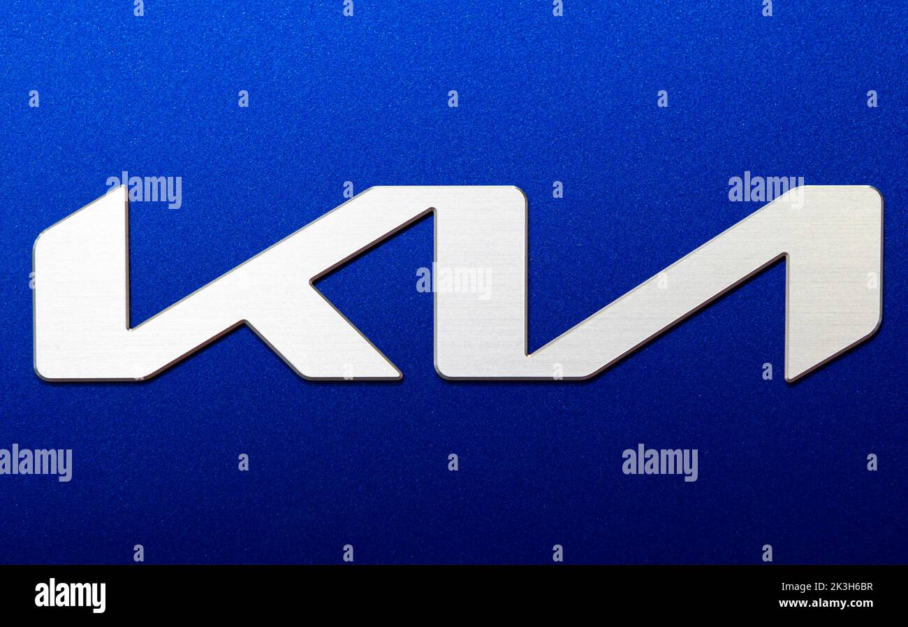 Sofia, Bulgaria - 3 June, 2022: Close-up of Kia logo is seen on a car at Sofia Motor Show. Stock Photo