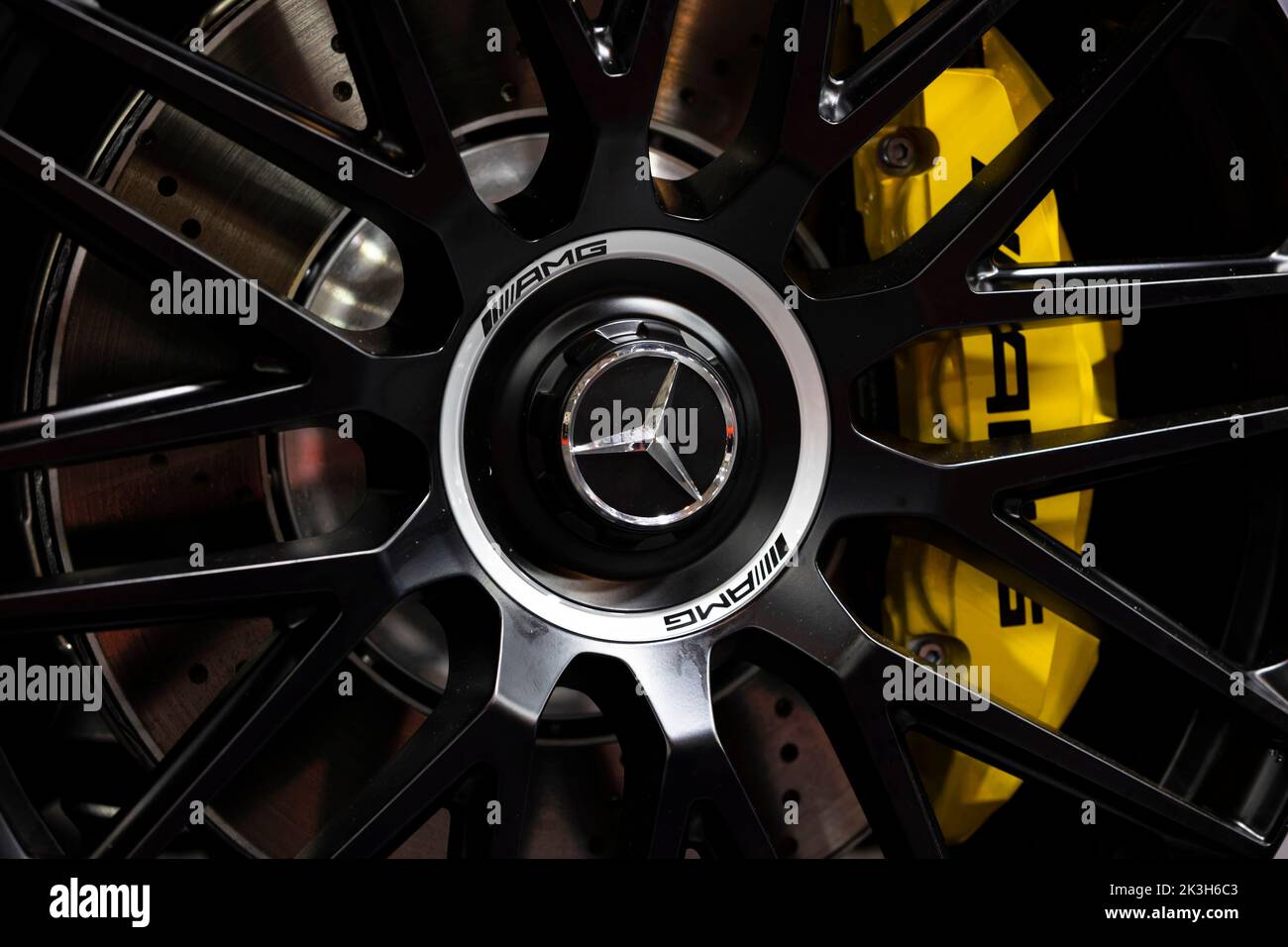 Sofia, Bulgaria - 3 June, 2022: Close-up of Mercedes-Benz logo is seen on a wheel of a car with ventilated ceramic brakes at Sofia Motor Show. Stock Photo