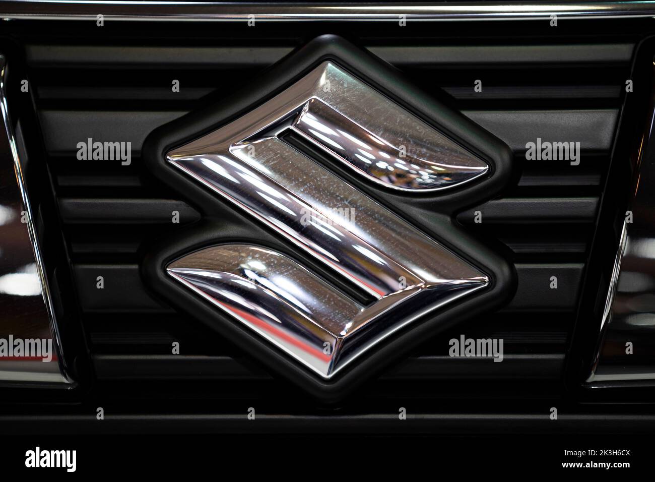 Sofia, Bulgaria - 3 June, 2022: Close-up of Suzuki logo is seen on a car at Sofia Motor Show. Stock Photo