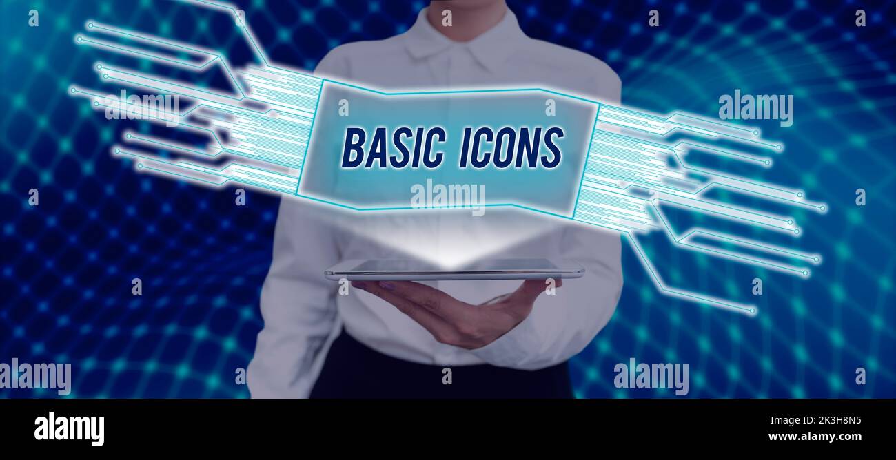 Conceptual caption Basic Icons. Word for pictogram or ideogram displayed on a computer screen or phone Stock Photo