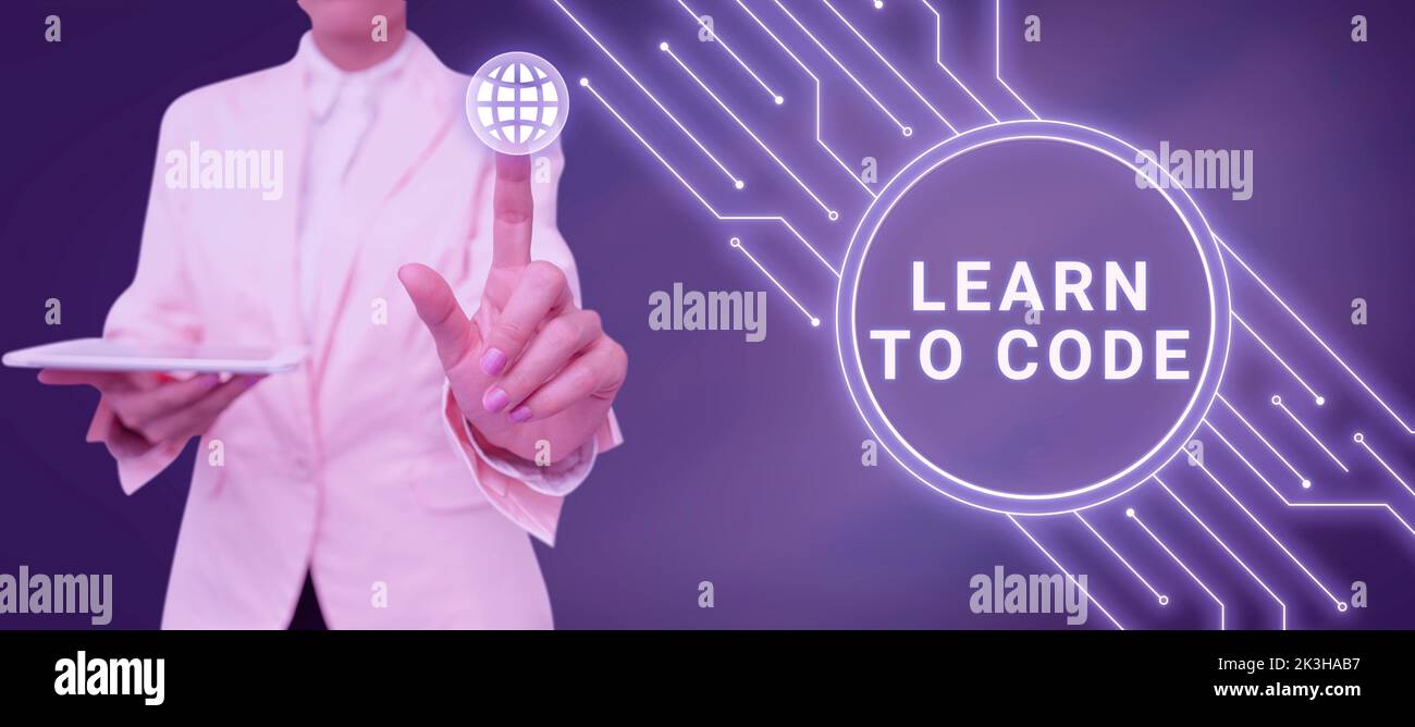 Hand writing sign Learn To Code, Business idea Learn to write Software Be a Computer Programmer Coder Stock Photo