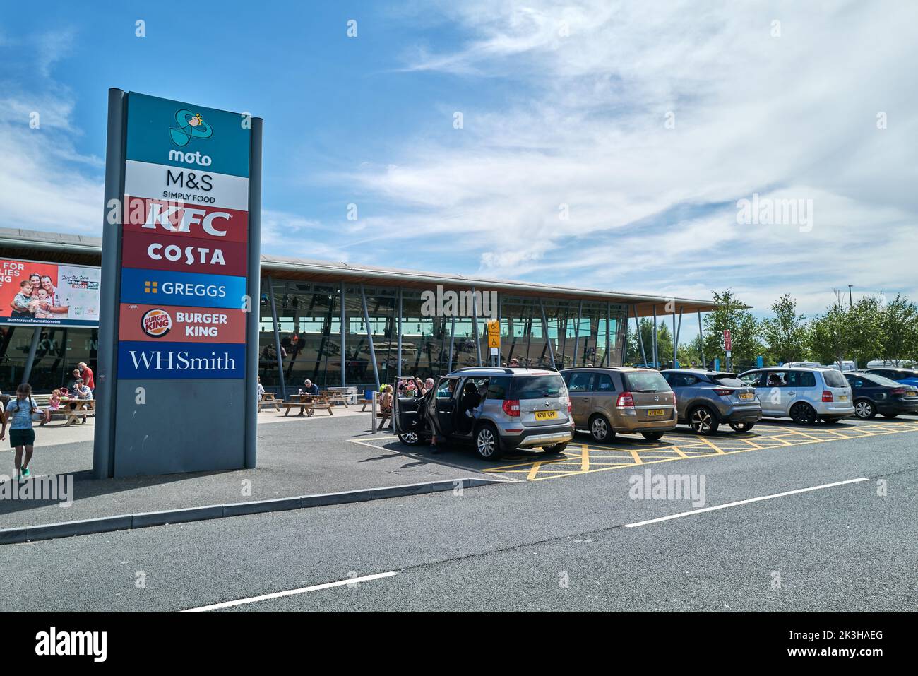 Cars parked at the Wetherby Moto service station on the A1 motorway on