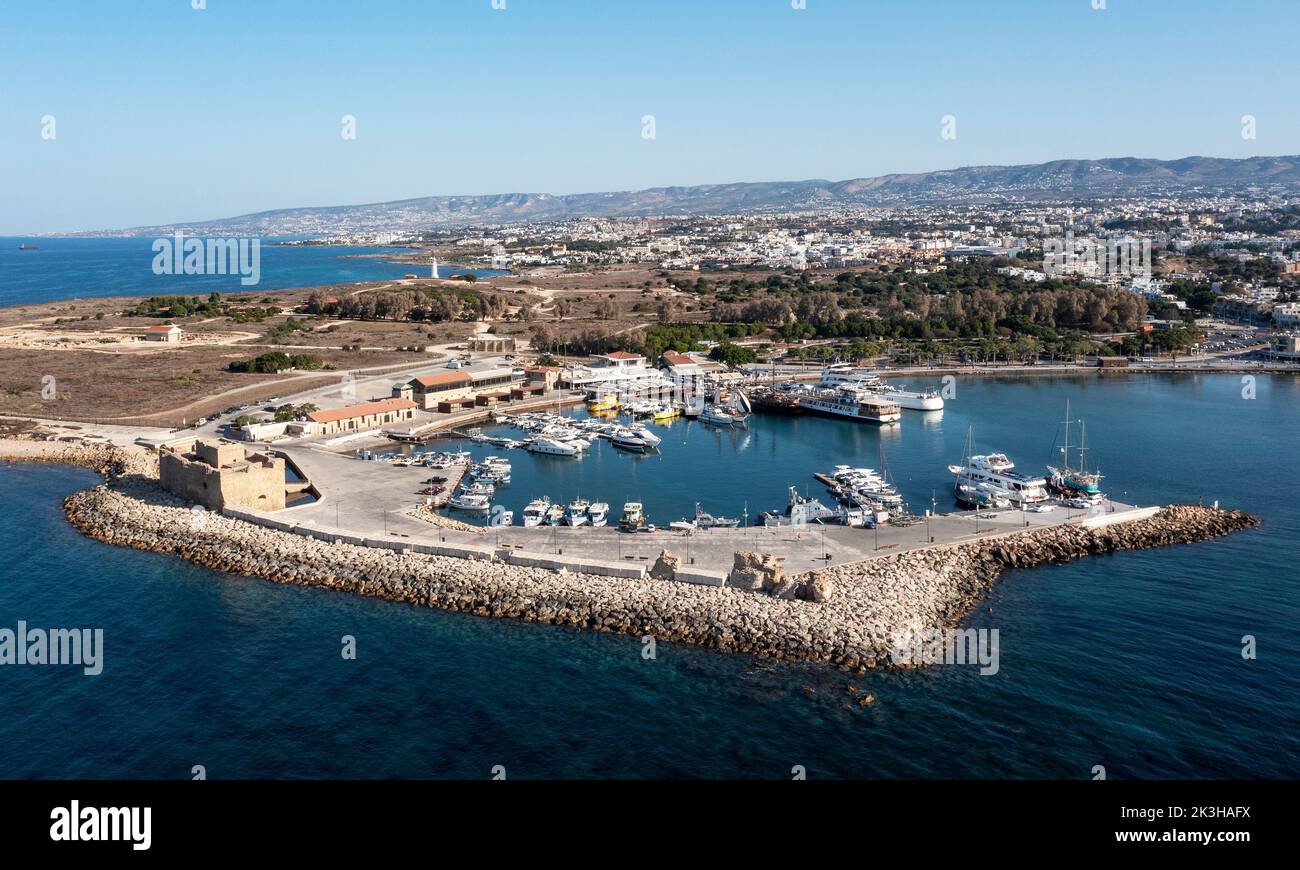 Aerial view of Paphos harbour and fort, Paphos, Cyprus. Stock Photo