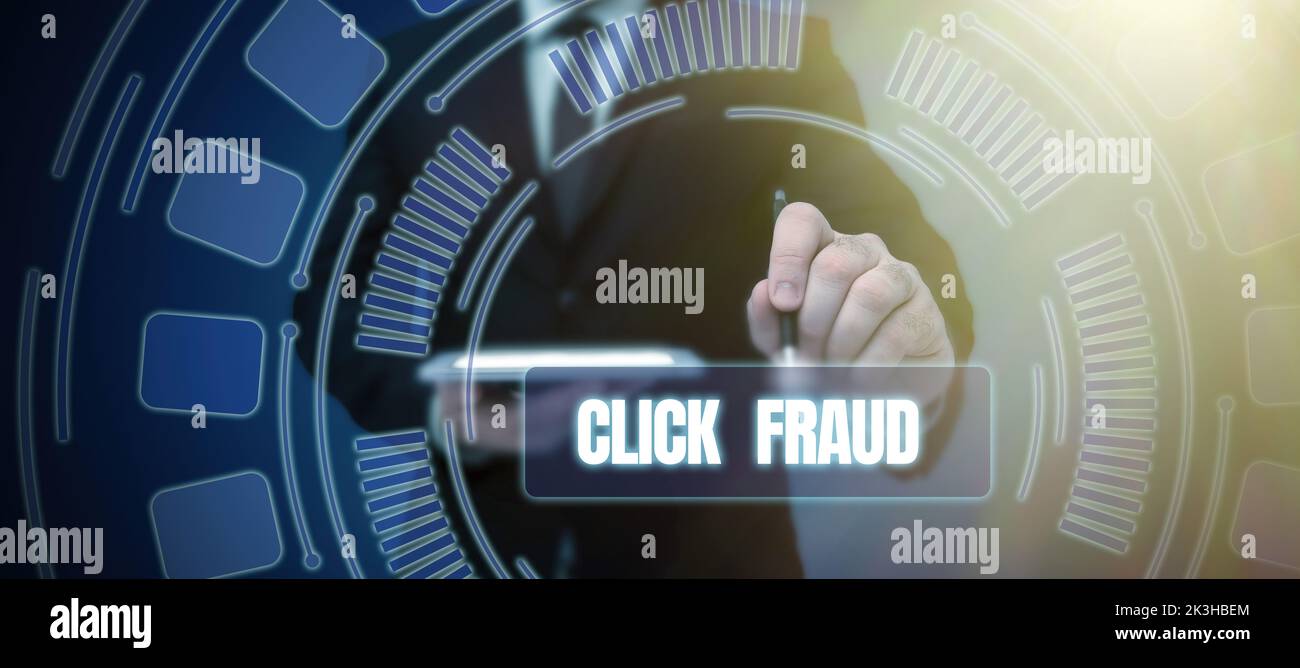 Text showing inspiration Click Fraud, Business concept practice of repeatedly clicking on advertisement hosted website Stock Photo