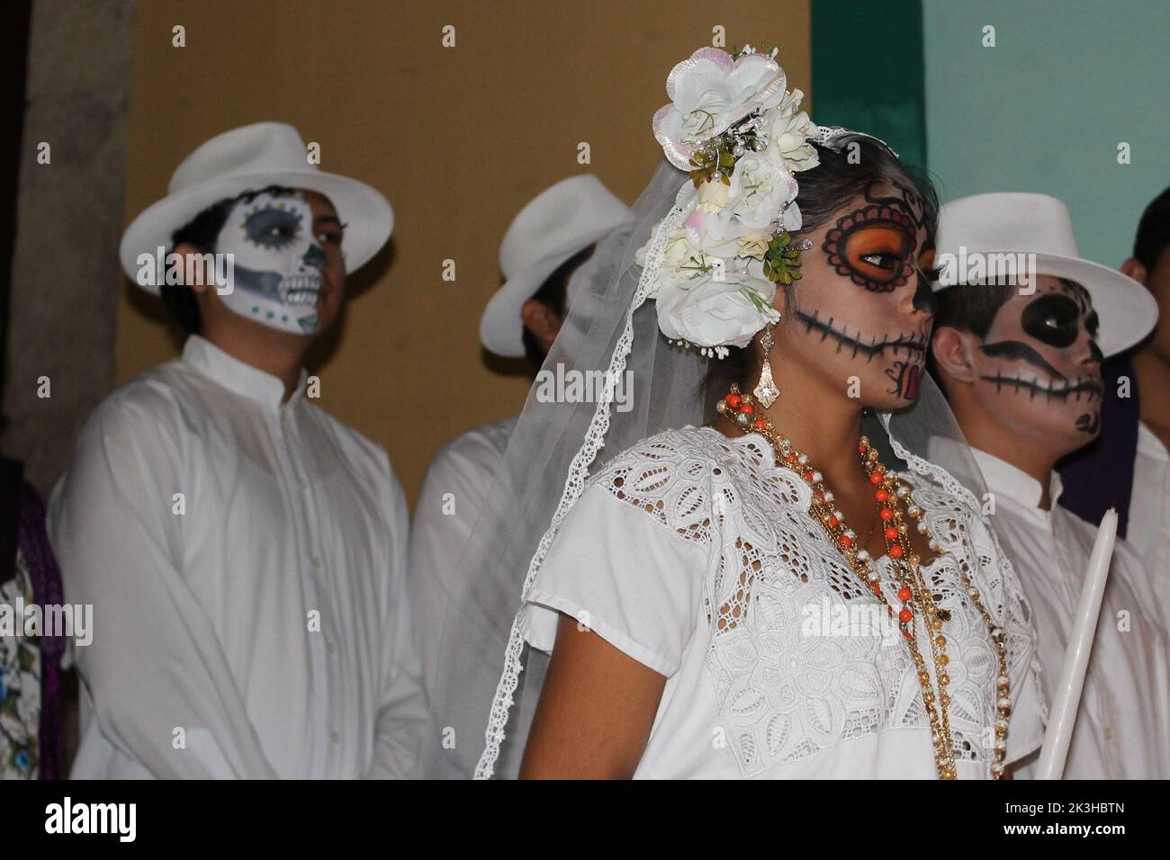 MERIDA, MEXICO - OCTOBER 28, 2016 Paseo de las Ánimas, Passage of the Souls - Day of the Dead men and women with makeup Stock Photo