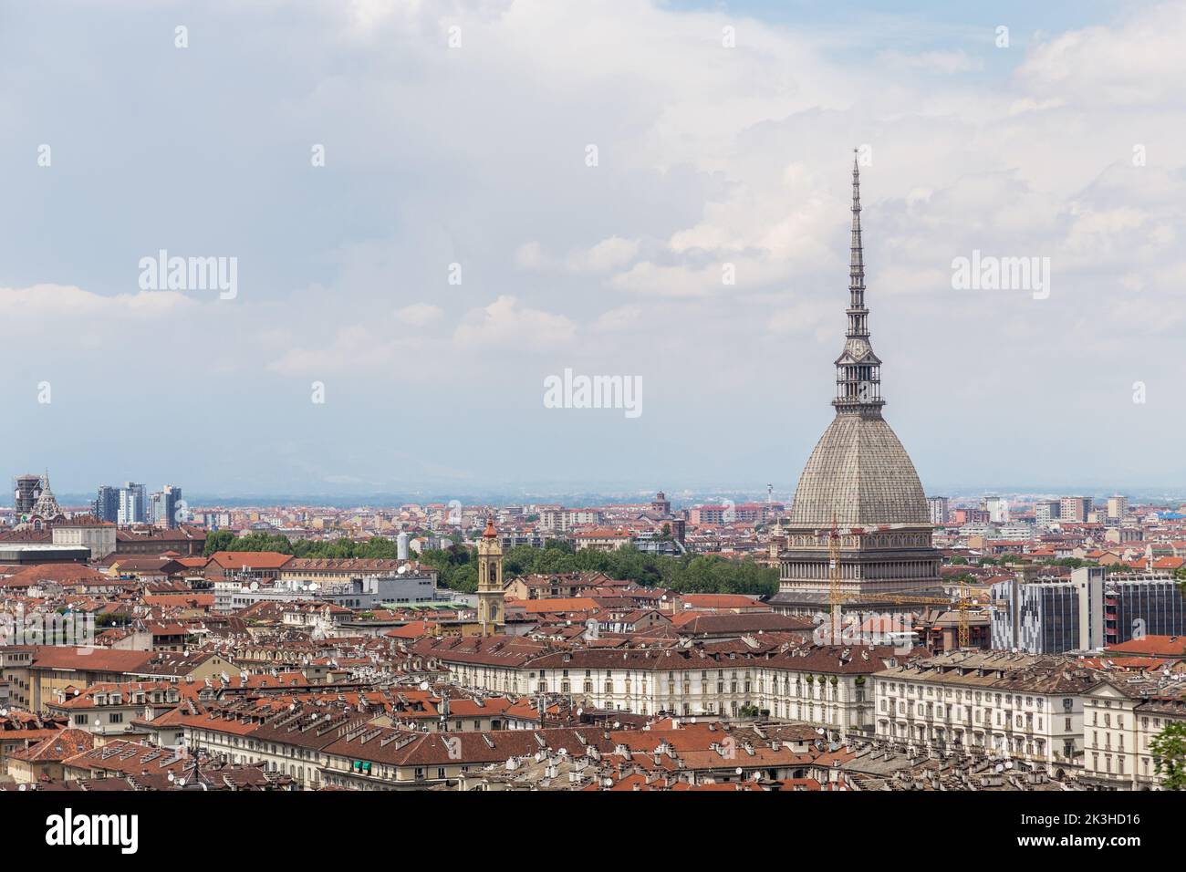 TURIN, ITALY - MAY 16, 2018: This is an aerial view of the city with spire of the Mole Antonelliana. Stock Photo