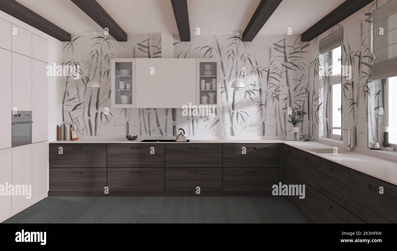 Minimalist wooden kitchen in white and dark tones. Parquet floor, beams