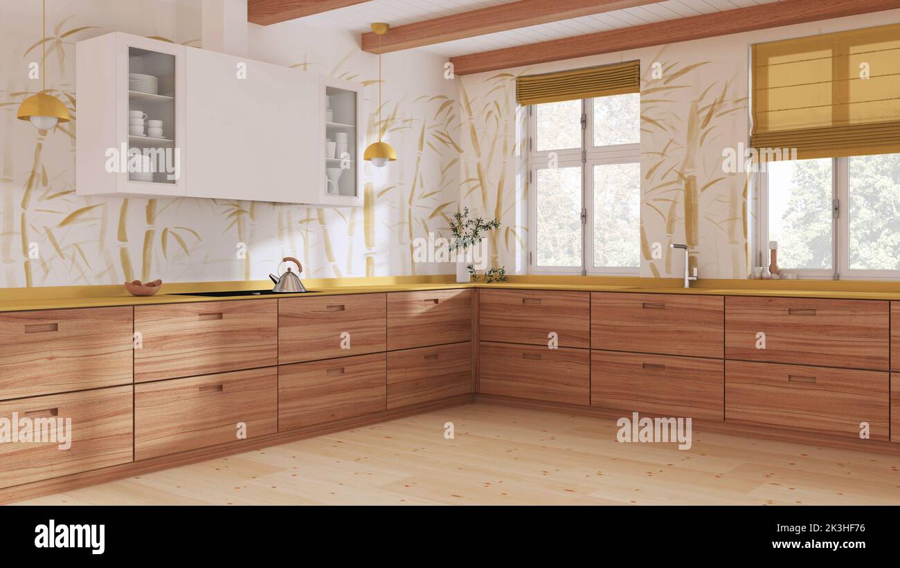 https://c8.alamy.com/comp/2K3HF76/wooden-kitchen-in-white-and-yellow-tones-minimalist-and-clean-style-parquet-floor-beams-ceiling-and-bamboo-wallpaper-japandi-interior-design-2K3HF76.jpg