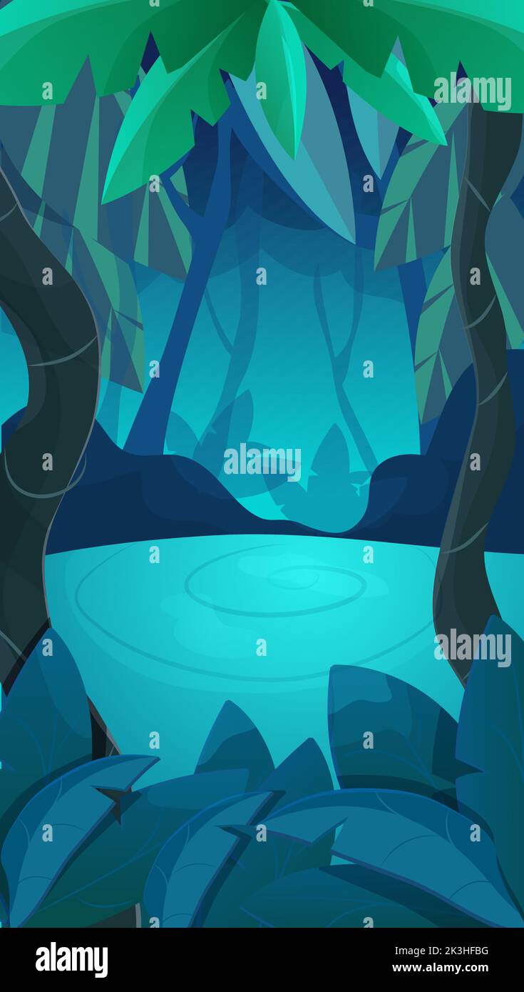 Jungle forest game splash screen, vertical background dark magic night in cartoon style. Ui design elements trees, plants, leaves. Vector illustration Stock Vector