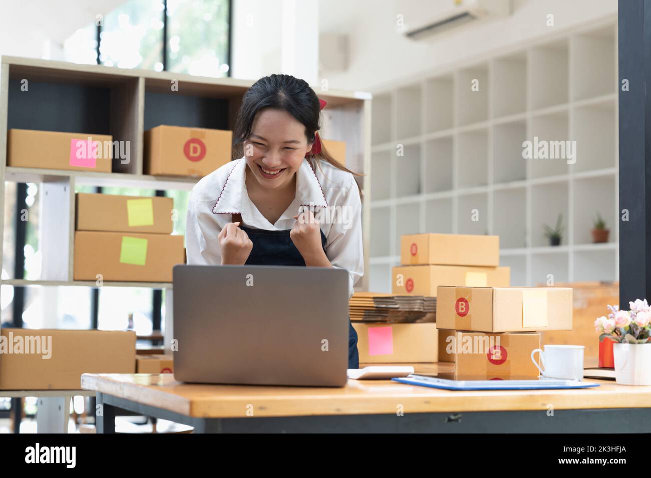 Happy successful SME entrepreneur with arms up, Home office, Business online and delivery, Selling online, Startup small business concept. Stock Photo