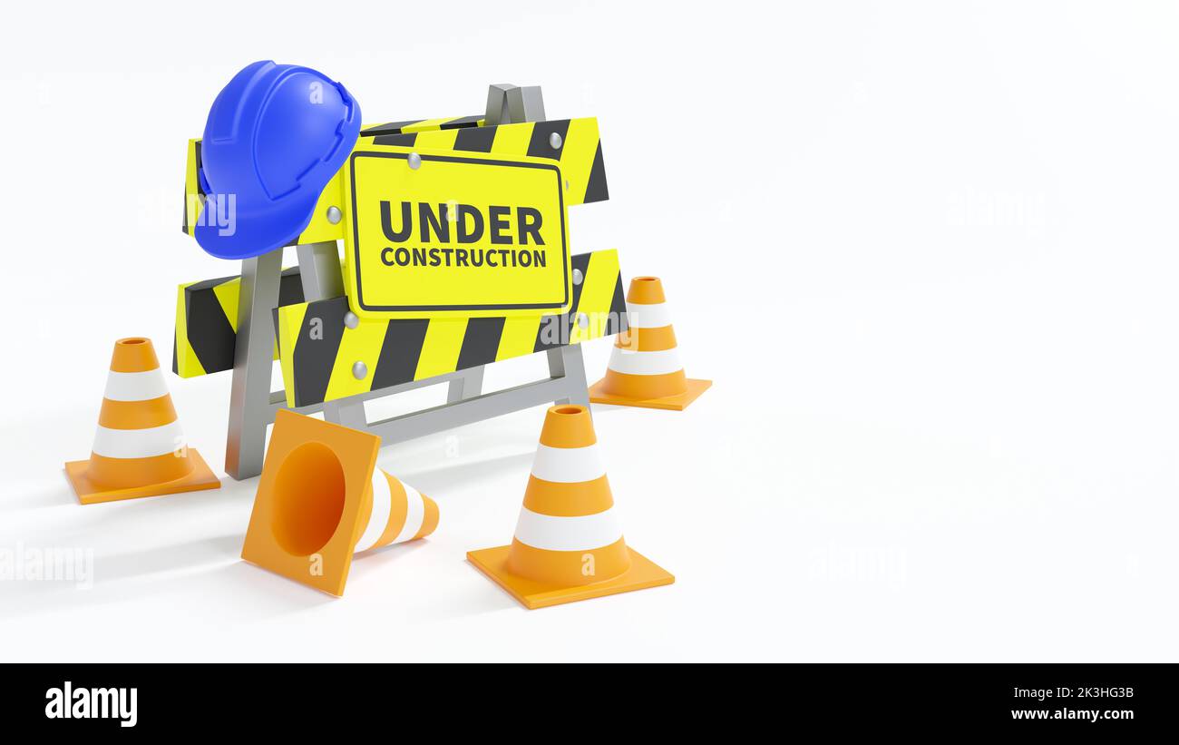 Under construction . Barrier with safety hat and traffic cone . Isolated white background . 3D rendering . Stock Photo