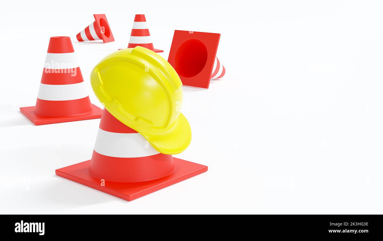 Under construction . Safety hat and traffic cone . Isolated white background . 3D rendering . Stock Photo