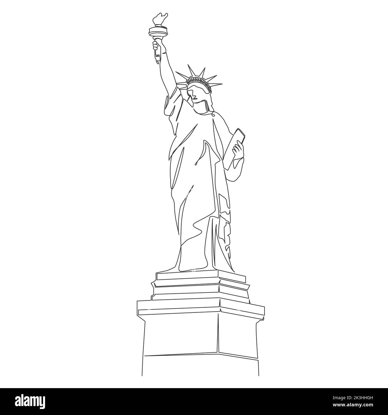 single line drawing of statue of liberty isolated on white background, lady liberty line art vector illustration Stock Vector