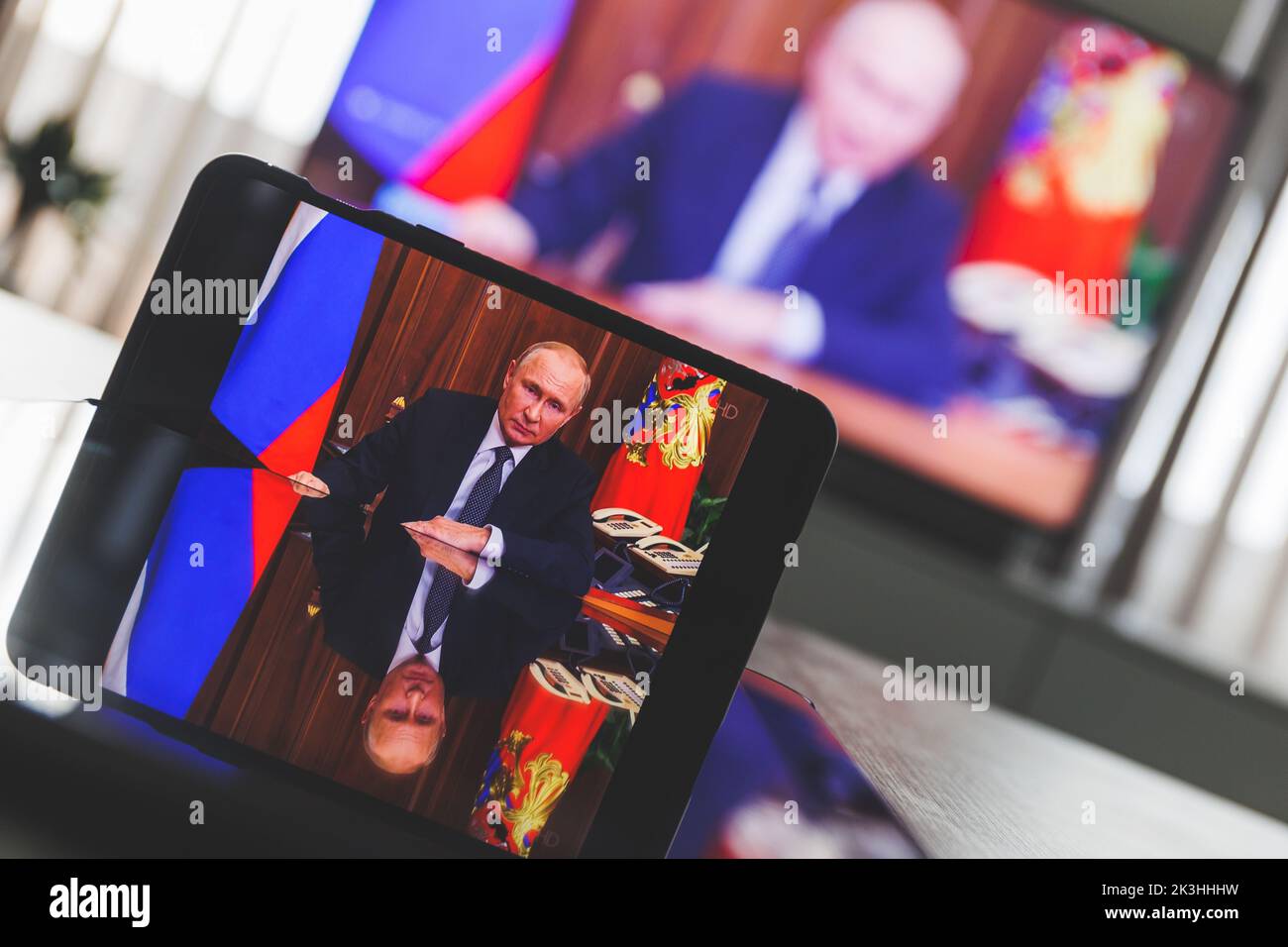 Message on TV from Russian President Vladimir Putin. War in Ukraine. Nuclear weapon threat Stock Photo