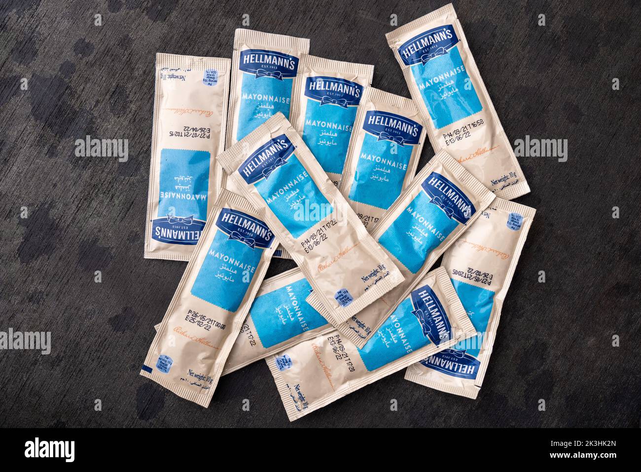 Doha, Qatar September 27, 2022 Packets of single serving Hellmann's