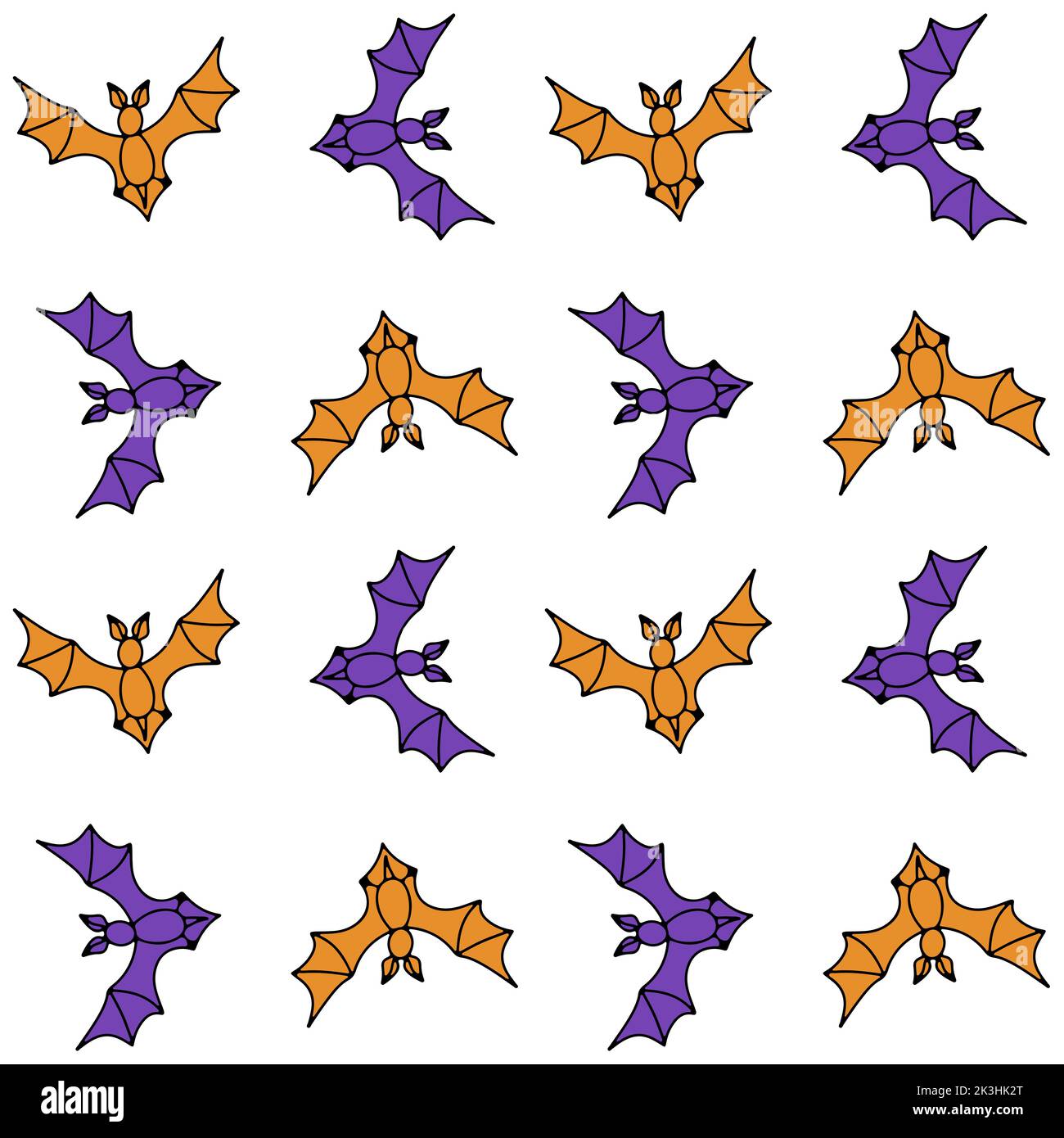 Halloween seamless pattern with purple and orange flying bat silhouettes on white background Stock Vector