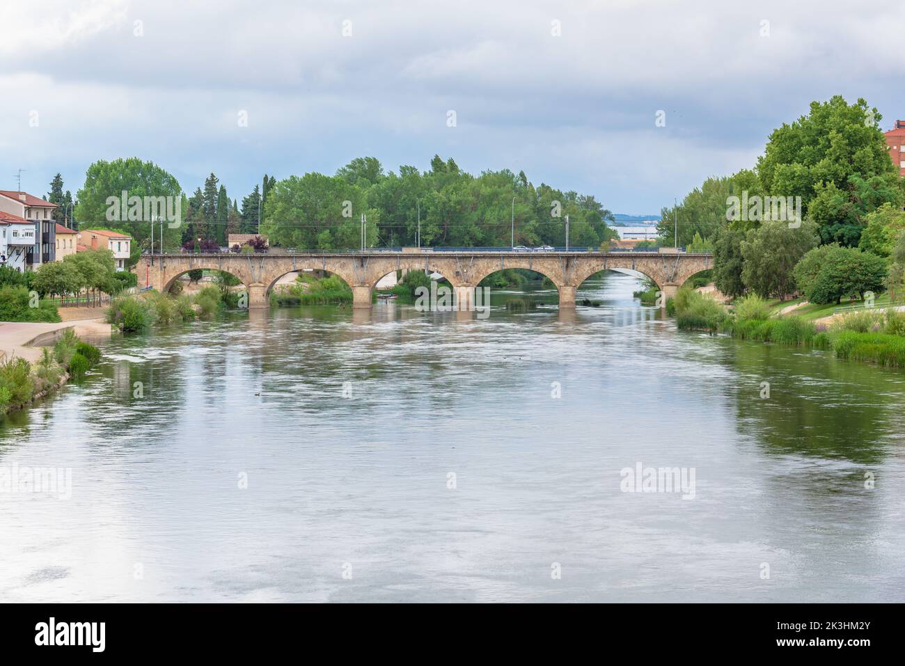 Scenic view of Ebro River and French Bridge in Miranda de Ebro, Burgos, Spain Stock Photo
