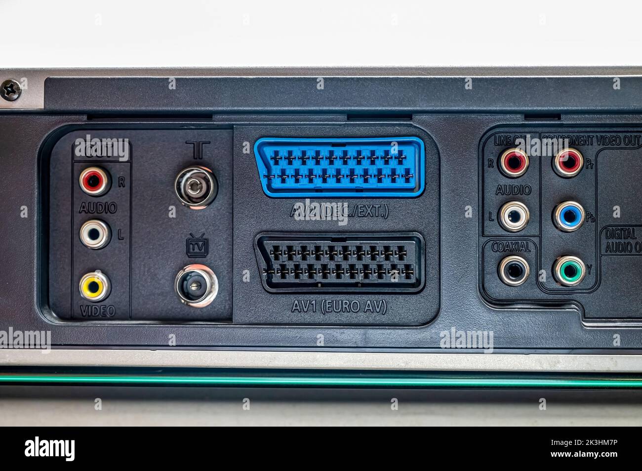the reverse side of an old CD player. Panel with different connectors
