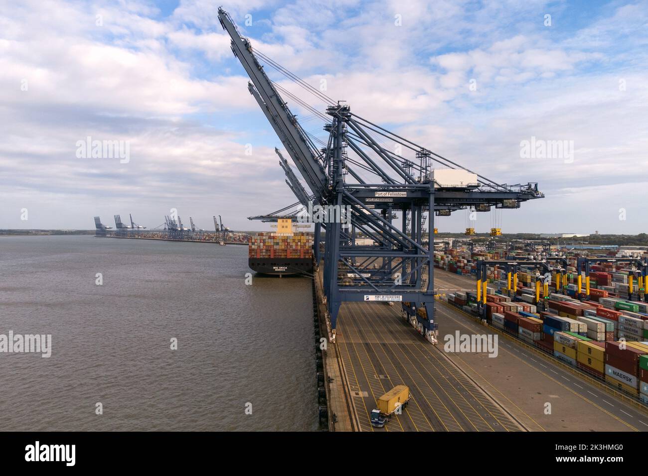 The Port of Felixstowe in Suffolk, Britain's biggest and busiest container port, where members of the Unite union are manning a picket line in a long-running dispute over pay. Around 1,900 union members at the port are walking out for a second time, until October 5, following an eight-day stoppage last month. Picture date: Tuesday September 27, 2022. Stock Photo