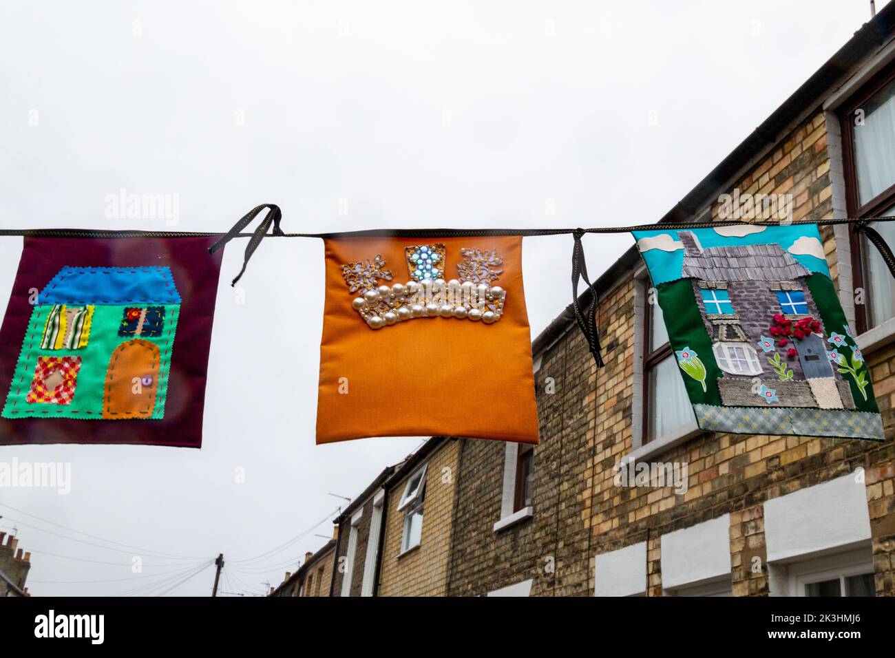 To decorate the street party the residents of Gwydir St created bunting displaying crowns and their own homes. Stock Photo