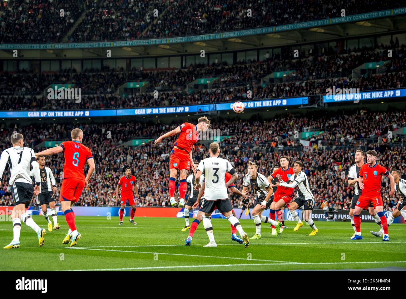London, UK. 27th Sep, 2022. John Stones of England rises to meet the corner ball during the Nations League match between England and Germany at Wembley Stadium, London, England on 26 September 2022. Photo by Phil Hutchinson. Editorial use only, license required for commercial use. No use in betting, games or a single club/league/player publications. Credit: UK Sports Pics Ltd/Alamy Live News Stock Photo