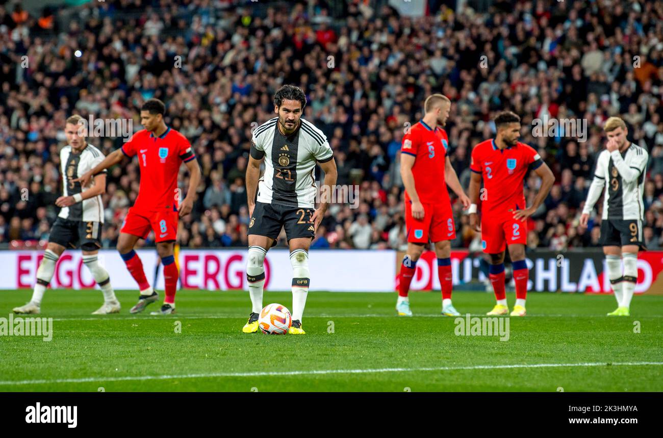 London, UK. 27th Sep, 2022. Ilkay Gundogan of Germany prepares to take a penalty for Germany in the second half during the Nations League match between England and Germany at Wembley Stadium, London, England on 26 September 2022. Photo by Phil Hutchinson. Editorial use only, license required for commercial use. No use in betting, games or a single club/league/player publications. Credit: UK Sports Pics Ltd/Alamy Live News Stock Photo