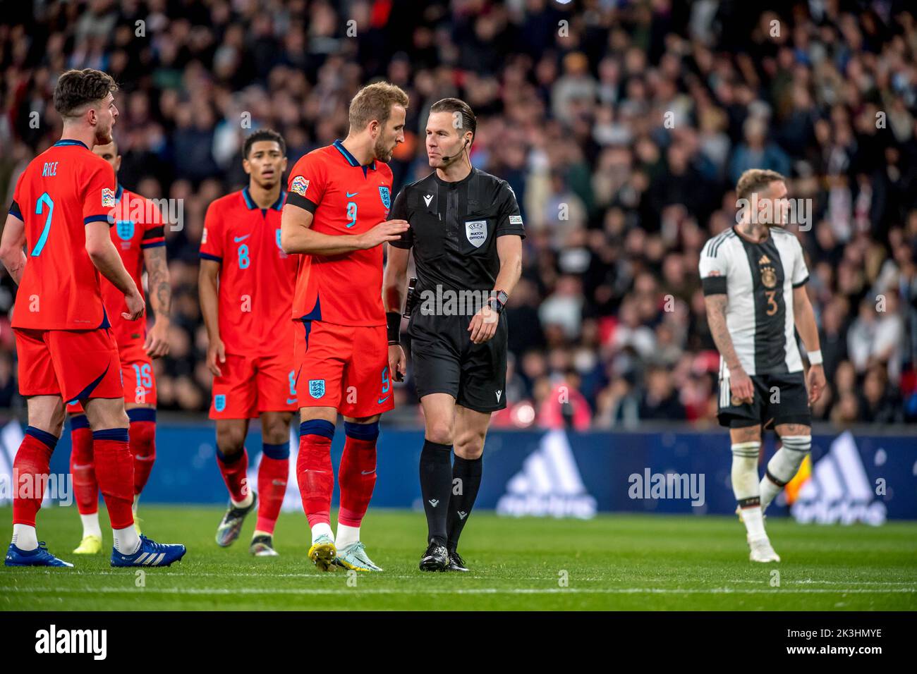 London, UK. 27th Sep, 2022. Danny Makkelie Match Referee speaks with Harry Kane of England about his penalty decision against England during the second half of the Nations League match between England and Germany at Wembley Stadium, London, England on 26 September 2022. Photo by Phil Hutchinson. Editorial use only, license required for commercial use. No use in betting, games or a single club/league/player publications. Credit: UK Sports Pics Ltd/Alamy Live News Stock Photo