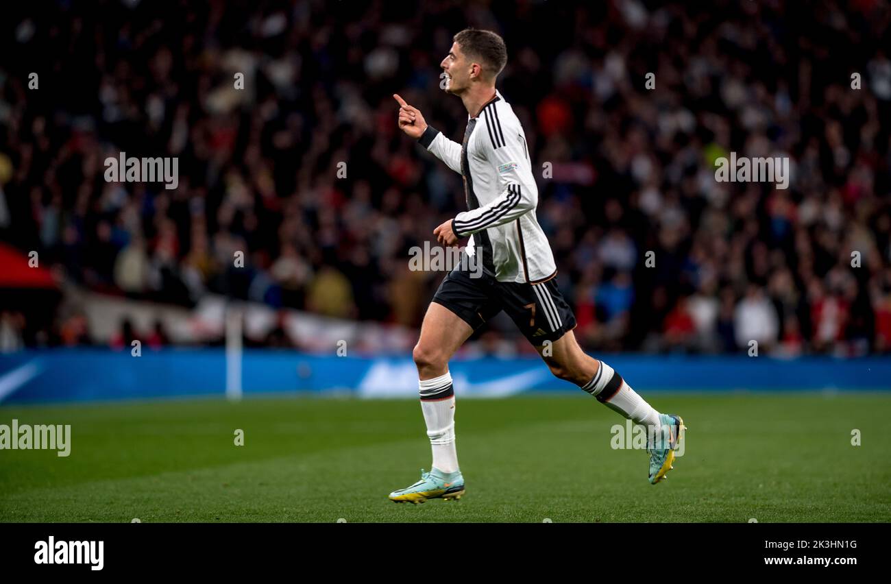 London, UK. 27th Sep, 2022. Kai Havertz of Germany celebrates scoring Germany's second goal of the night during the Nations League match between England and Germany at Wembley Stadium, London, England on 26 September 2022. Photo by Phil Hutchinson. Editorial use only, license required for commercial use. No use in betting, games or a single club/league/player publications. Credit: UK Sports Pics Ltd/Alamy Live News Stock Photo