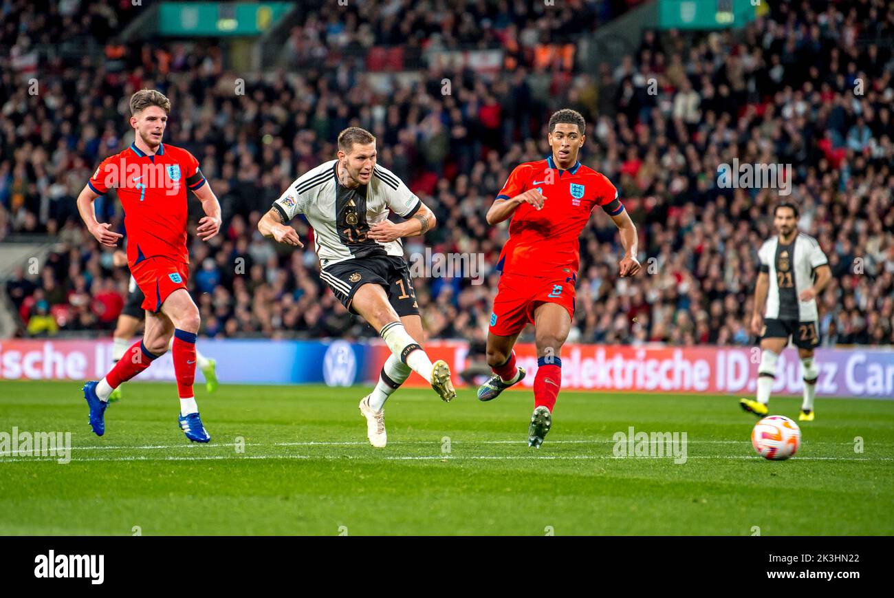 London, UK. 27th Sep, 2022. Niklas Sule of Germany shoots for goal during the Nations League match between England and Germany at Wembley Stadium, London, England on 26 September 2022. Photo by Phil Hutchinson. Editorial use only, license required for commercial use. No use in betting, games or a single club/league/player publications. Credit: UK Sports Pics Ltd/Alamy Live News Stock Photo